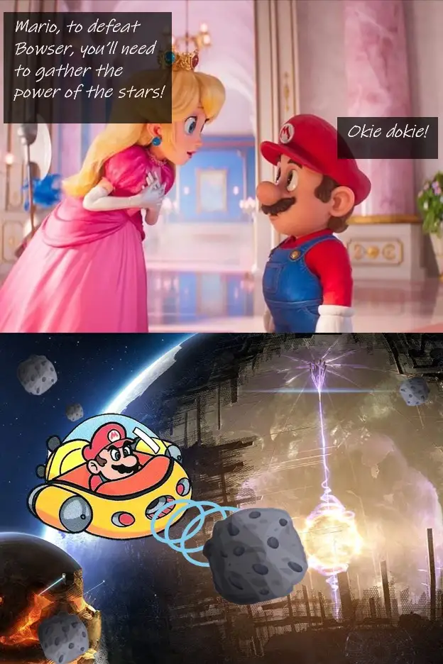 The top panel shows Princess Peach telling Mario, 'Mario, to defeat Bowser, you'll need to gather the power of the stars!'…