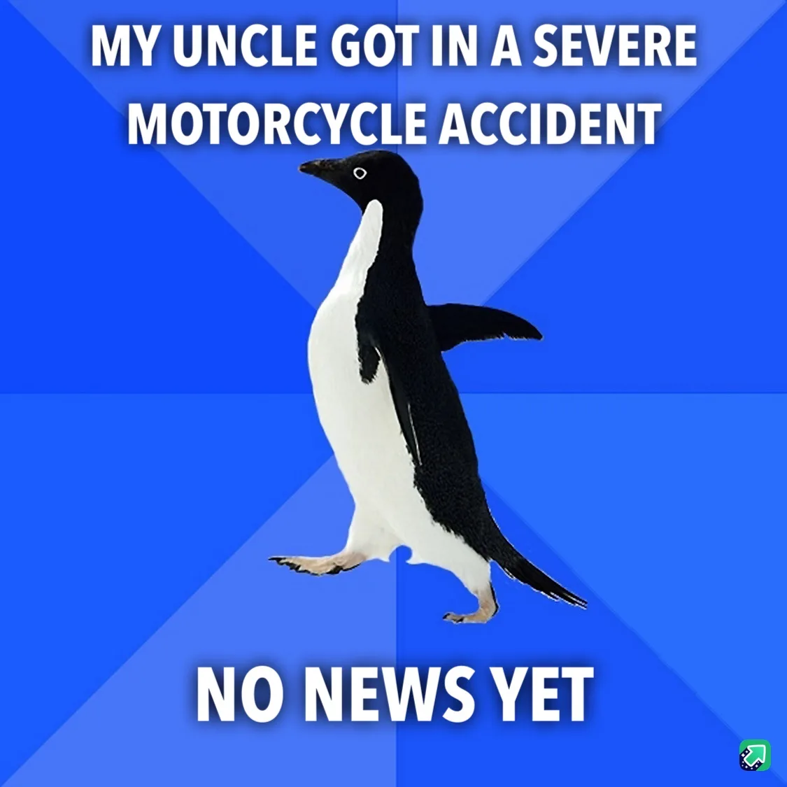 A black-and-white penguin stands against a blue geometric background, with white bold text at the top reading 'MY UNCLE GOT…