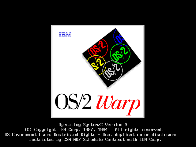The image displays the OS/2 Warp operating system startup screen, featuring the IBM logo, a central graphic with multiple…