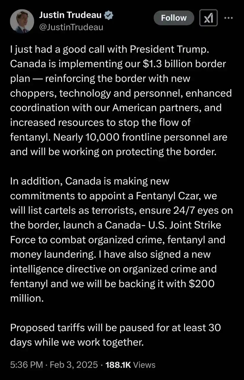 A screenshot of a tweet from Justin Trudeau's verified Twitter account, dated February 3, 2025, announcing a 'good call'…