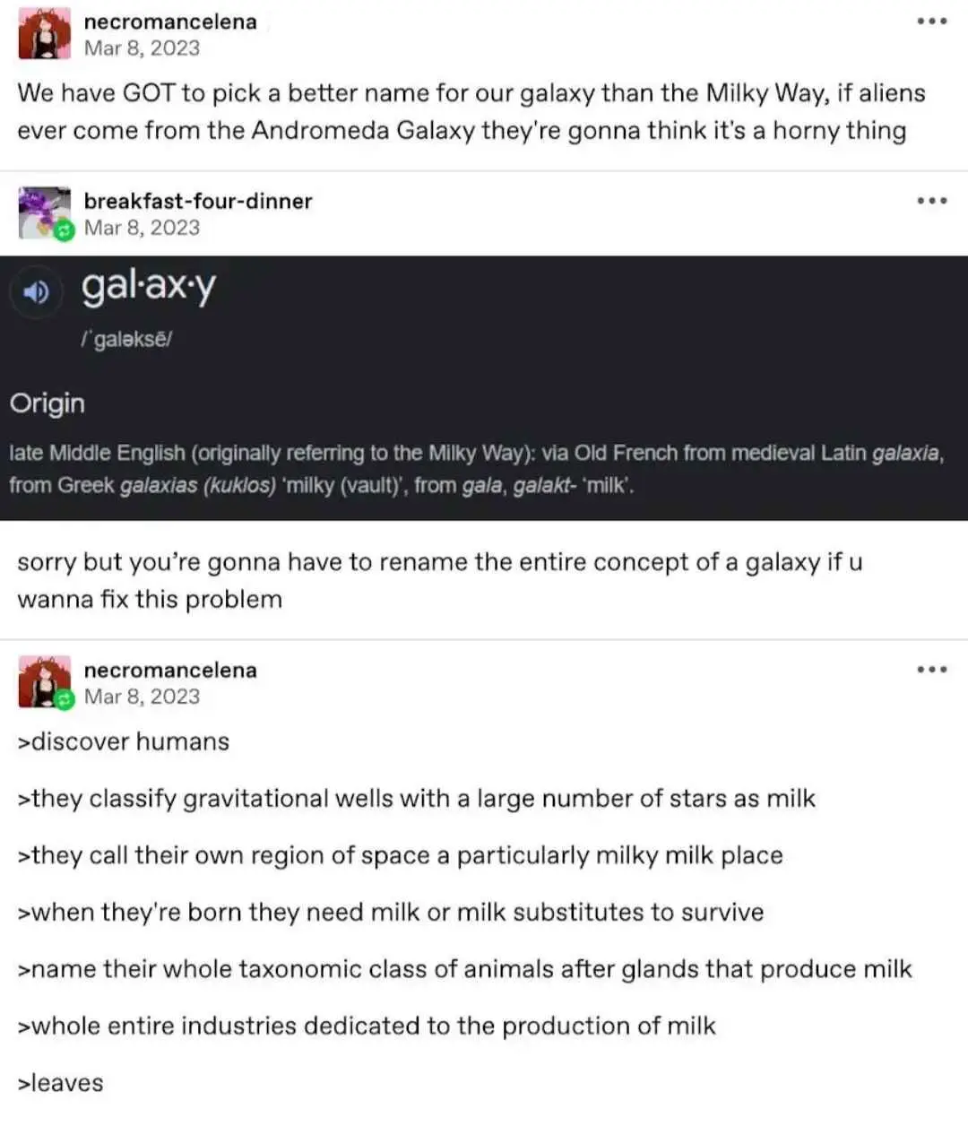 A screenshot of a social media conversation where one user jokes that the Milky Way galaxy's name is too suggestive for…