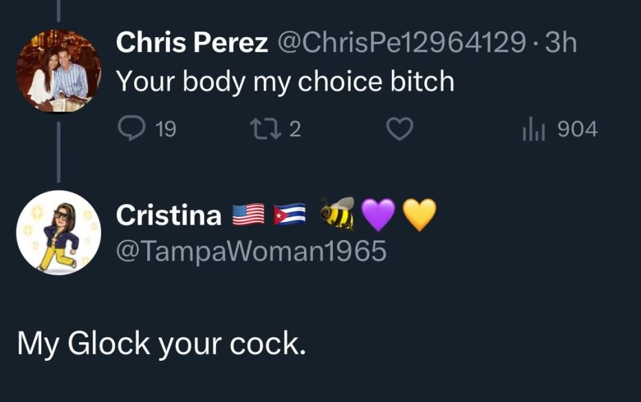 A screenshot of a Twitter thread shows Chris Perez replying 'Your body my choice bitch' to a tweet, and Cristina replying…