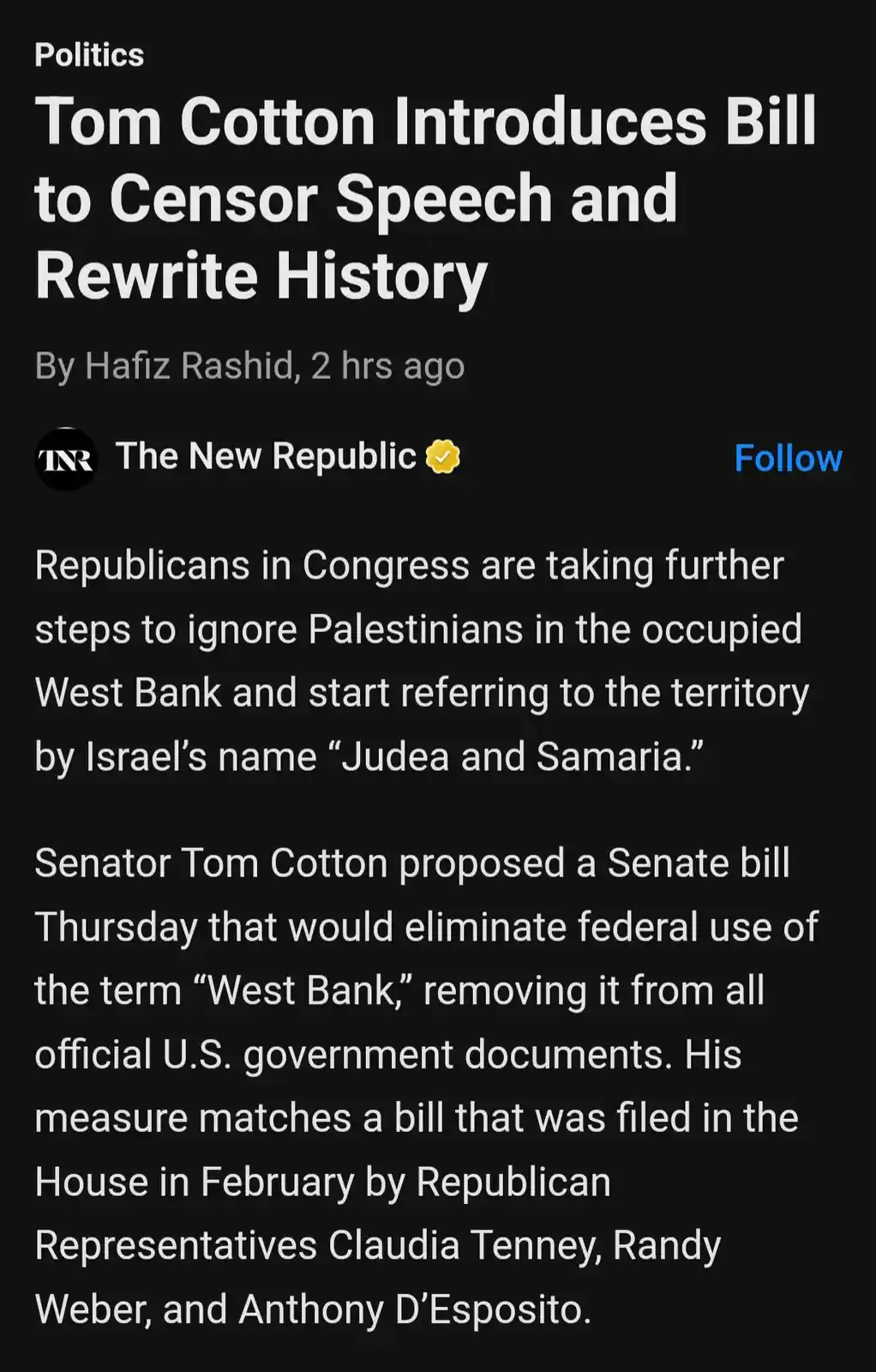 A screenshot of a news article from The New Republic with the headline 'Tom Cotton Introduces Bill to Censor Speech and…