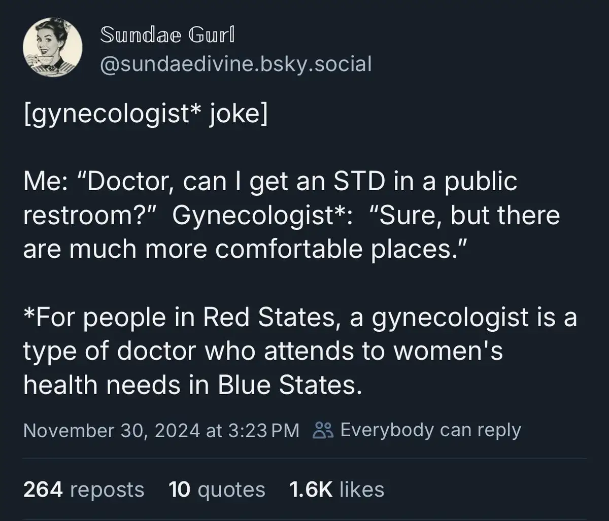 A screenshot of a social media post showing a joke about a gynecologist. The text describes a patient asking if they can get…