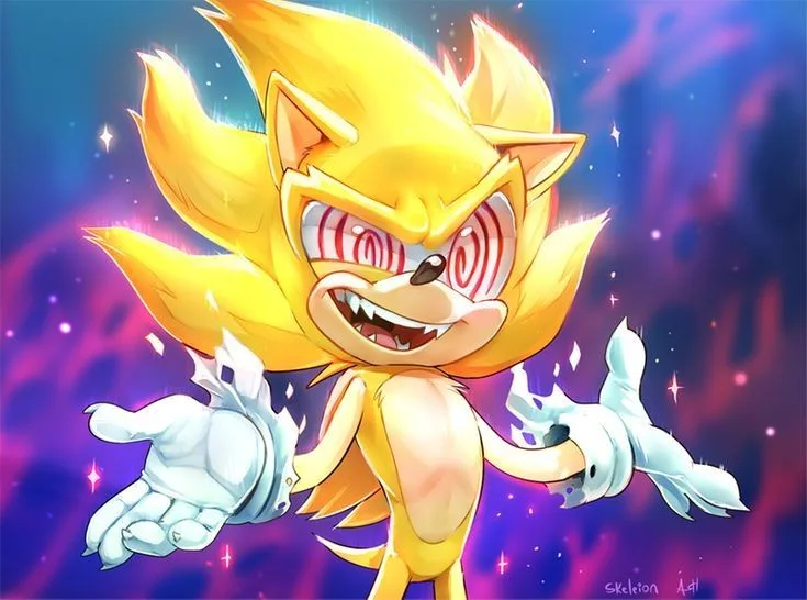 A stylized, golden, muscular Sonic the Hedgehog with glowing red spiral eyes and shattered white gloves, standing against a…