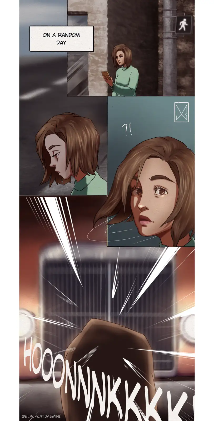 A comic strip shows a woman in a green sweater looking at her phone on a street corner. She looks down, then up in shock as…