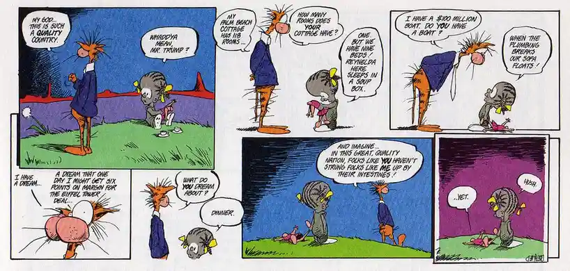 A six-panel comic strip featuring two anthropomorphic cats, one tall and spiky-haired in a suit, the other small and gray…