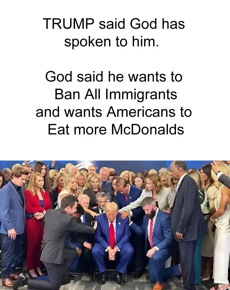 A photo shows Donald Trump seated, surrounded by people kneeling or standing around him with hands on his shoulders…