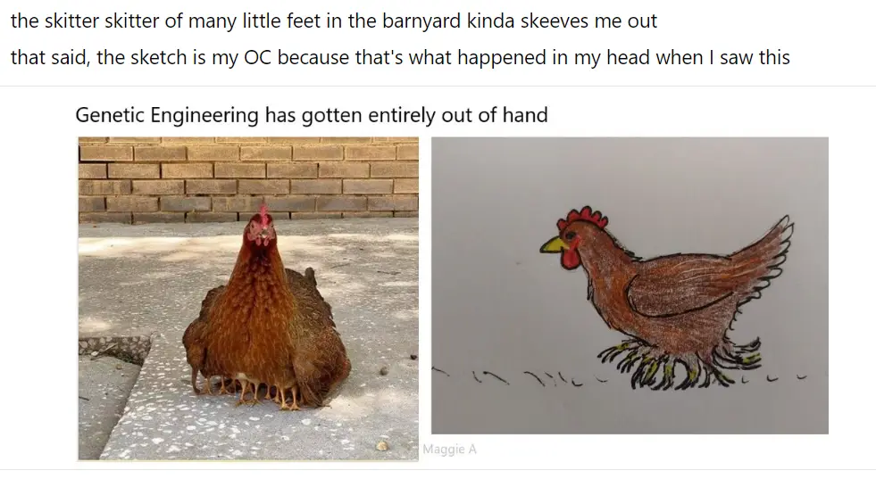 The image displays two side-by-side pictures: a real photo of a chicken with multiple legs protruding from its body, and a…