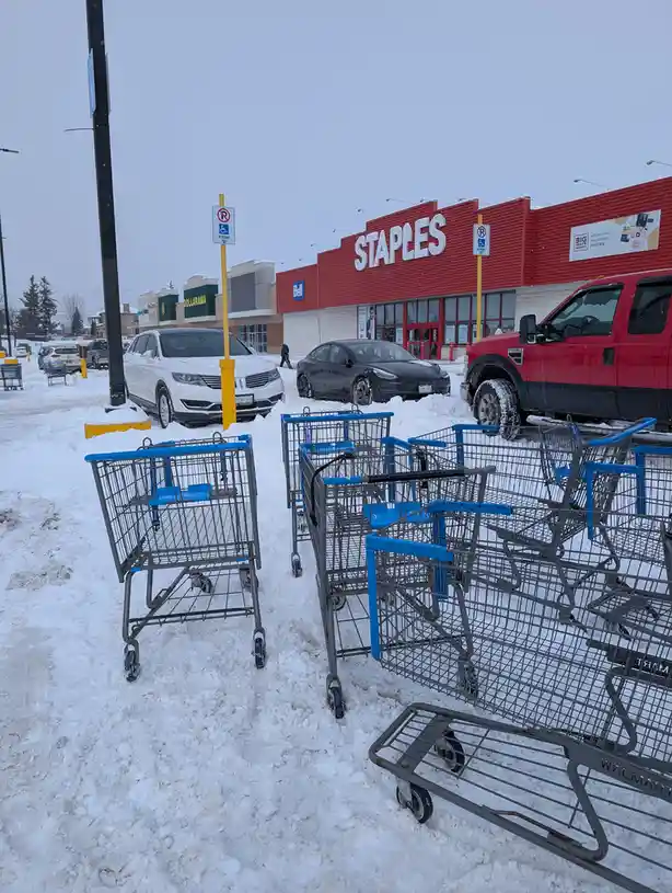 A snowy outdoor scene shows multiple shopping carts, some from Staples and others from Walmart, abandoned in the snow in…