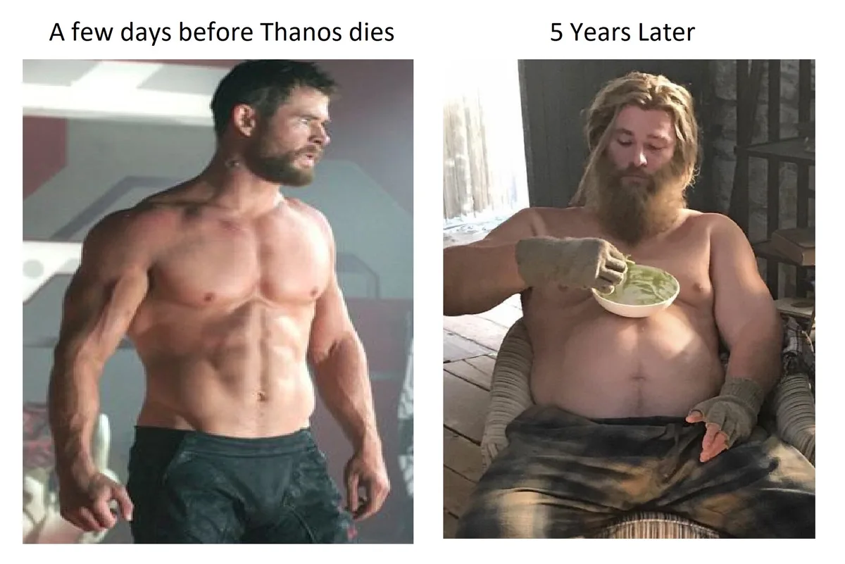 The meme shows two side-by-side images of actor Chris Hemsworth. The left image, labeled 'A few days before Thanos dies,'…