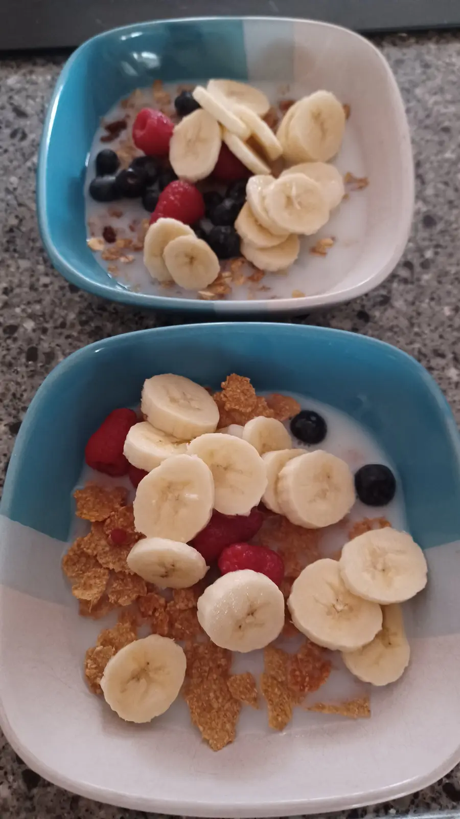 Two identical blue and white bowls of cereal sit on a speckled countertop. Both contain milk, sliced bananas, raspberries…