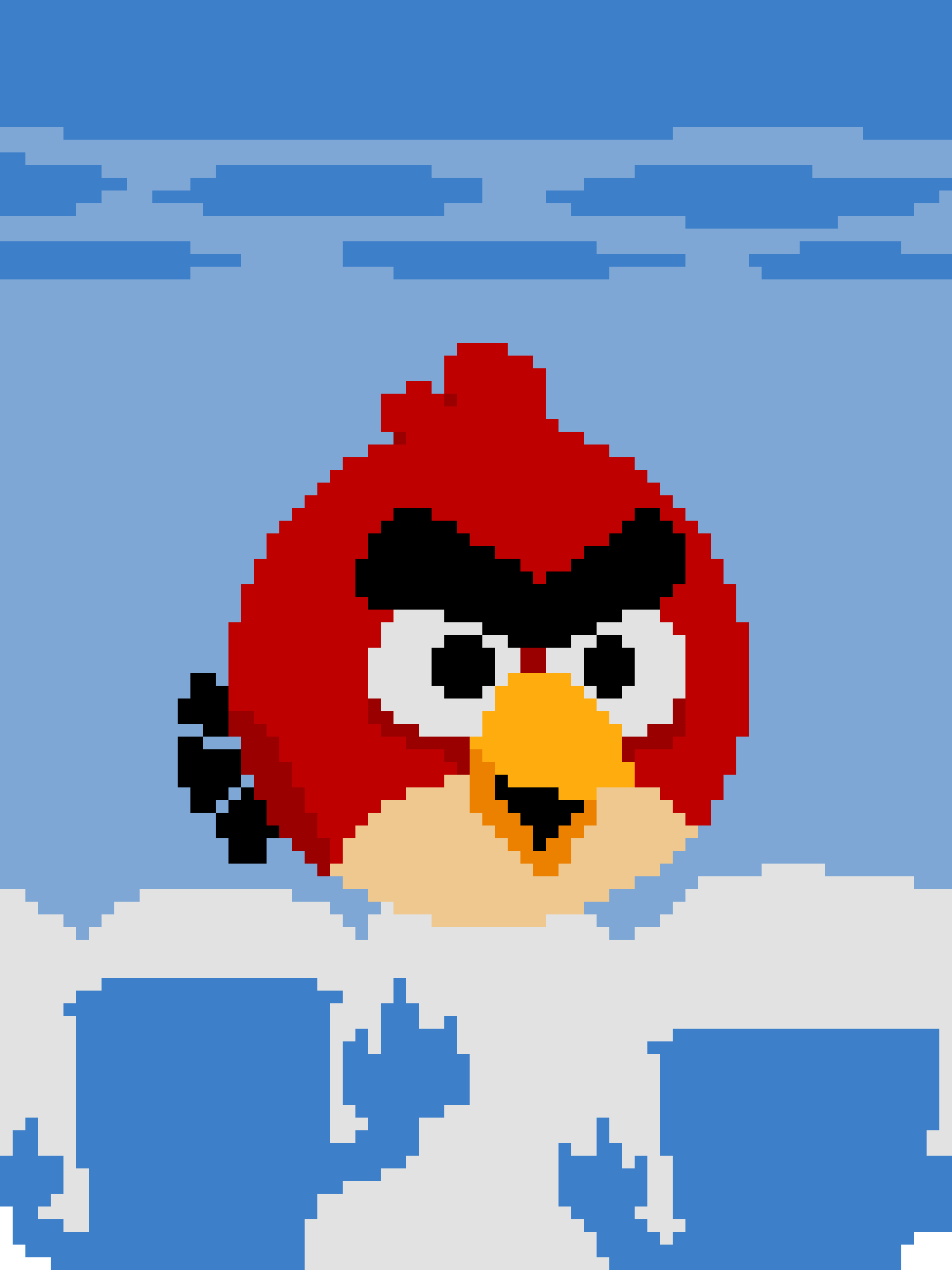 A pixelated red Angry Bird with a stern expression stands against a blue sky with clouds, holding two blue blocks. The text…