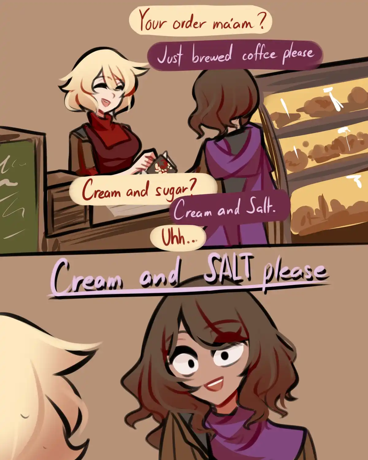 A two-panel comic shows a customer ordering coffee. In the first panel, the barista asks for cream and sugar, but the…