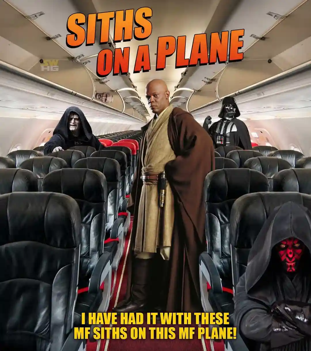 The image shows the interior of an airplane cabin with several Star Wars Sith characters seated and standing among regular…