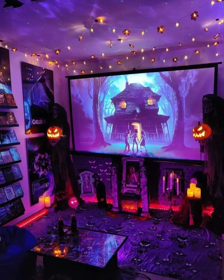 A room decorated for Halloween with purple lighting, string lights, and spooky props like skeletons, jack-o'-lanterns, and…