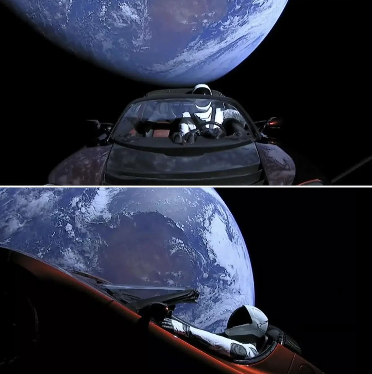 Two images show a person in a white spacesuit driving a red convertible car in space, with Earth visible in the background…