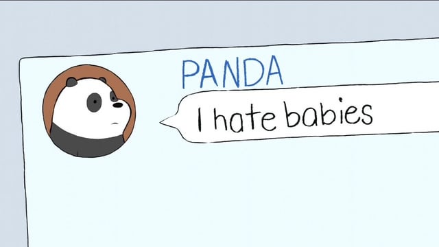 A cartoon panda with a sad expression is shown in a profile view next to the name 'PANDA' and a speech bubble that reads 'I…