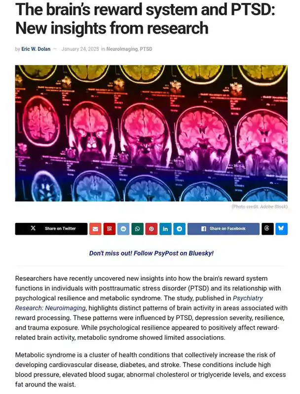 A screenshot of a news article titled 'The brain's reward system and PTSD: New insights from research' by Eric W. Dolan…