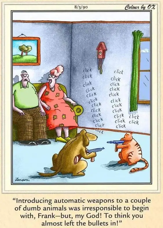 An elderly couple sits on a couch watching two cartoon cats, one brown and one orange, holding toy guns and firing them…