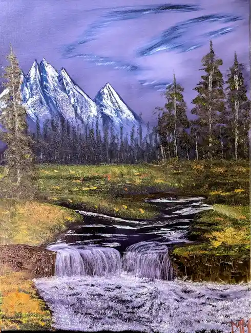 A painting depicts a serene mountain landscape with snow-capped peaks, evergreen trees, and a flowing stream with small…