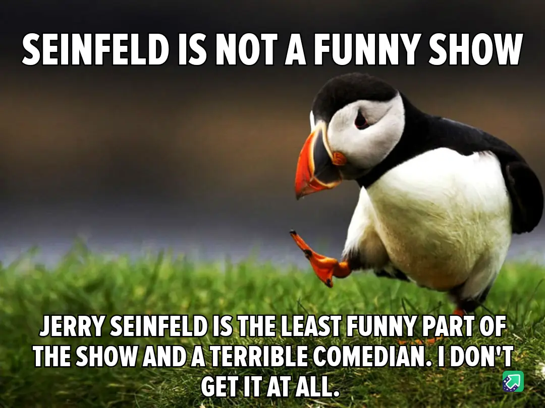 A photograph of a puffin standing on green grass, looking down with a slightly confused or unimpressed expression. The image…