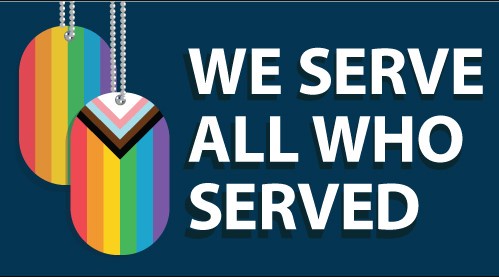 Two rainbow-colored dog tags hang from chains against a dark blue background, with bold white text reading 'WE SERVE ALL WHO…