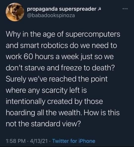 A screenshot of a tweet from the account 'propaganda superspreader' (@babadookspinoza) displaying a text post questioning…