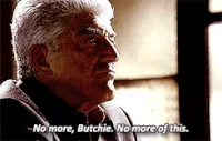 A six-panel meme grid shows a man with gray hair and a serious expression, looking off to the side in a dimly lit room with…