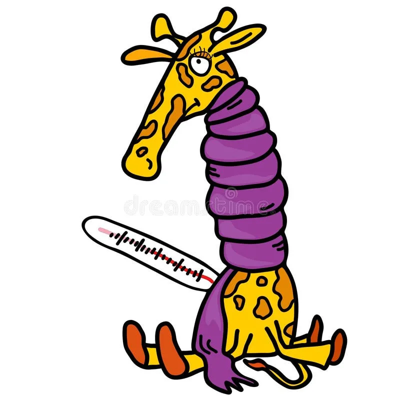a cartoon giraffe is sitting down, wrapped in a purple scarf around its neck and torso, with a thermometer stuck in its side…