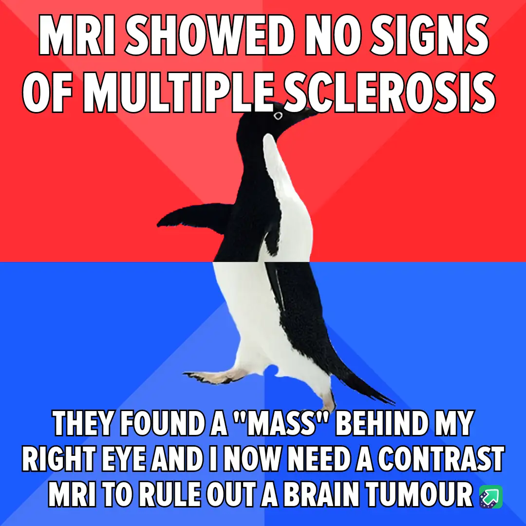 A penguin stands against a red and blue background, with bold white text at the top stating 'MRI SHOWED NO SIGNS OF MULTIPLE…
