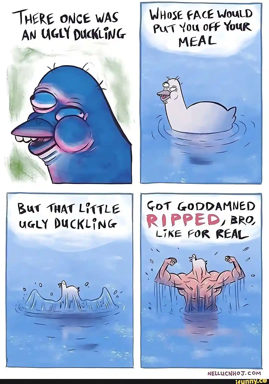 A four-panel comic depicts an ugly duckling transforming into a muscular, ripped adult duck. The first panel shows a blue…