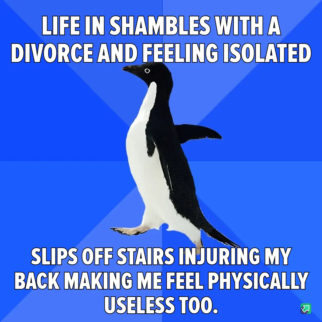 A black-and-white penguin stands against a blue background with diagonal lines, looking slightly downward. The text at the…