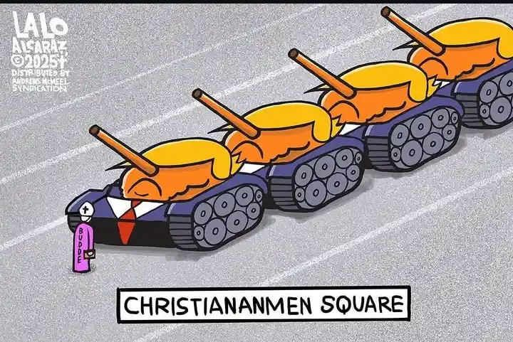 A cartoon depicts three tanks, each with a caricature of Donald Trump's head (yellow hair, orange skin) mounted on top…