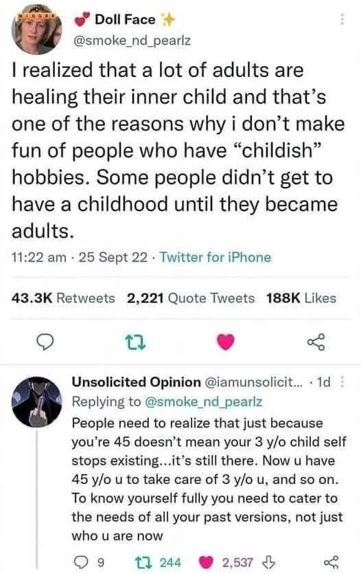 A screenshot of a Twitter thread showing a user named @smoke_nd_pearlz stating they don't mock adults for 'childish' hobbies…