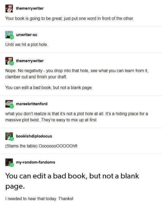 A screenshot of a Reddit thread where users discuss writing advice. The conversation starts with a writer being told to fix…