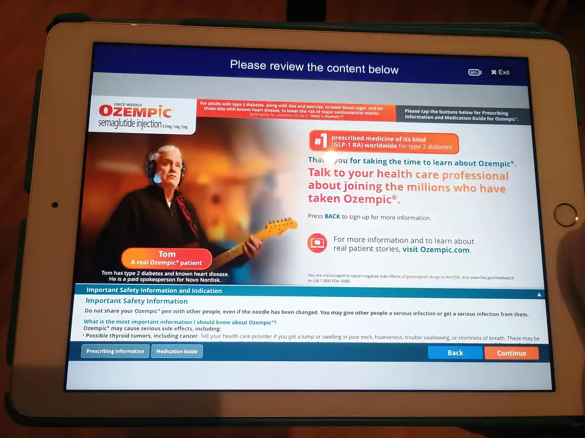An iPad displays an Ozempic® medication information screen featuring a man named Tom, labeled as a 'real Ozempic® patient,'…