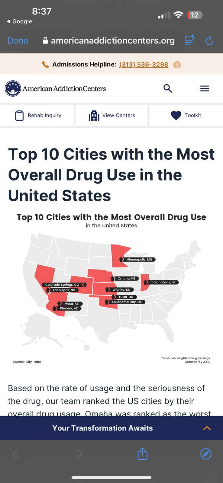 A screenshot of a webpage from AmericanAddictionCenters.org showing a map of the U.S. with ten cities highlighted in red and…