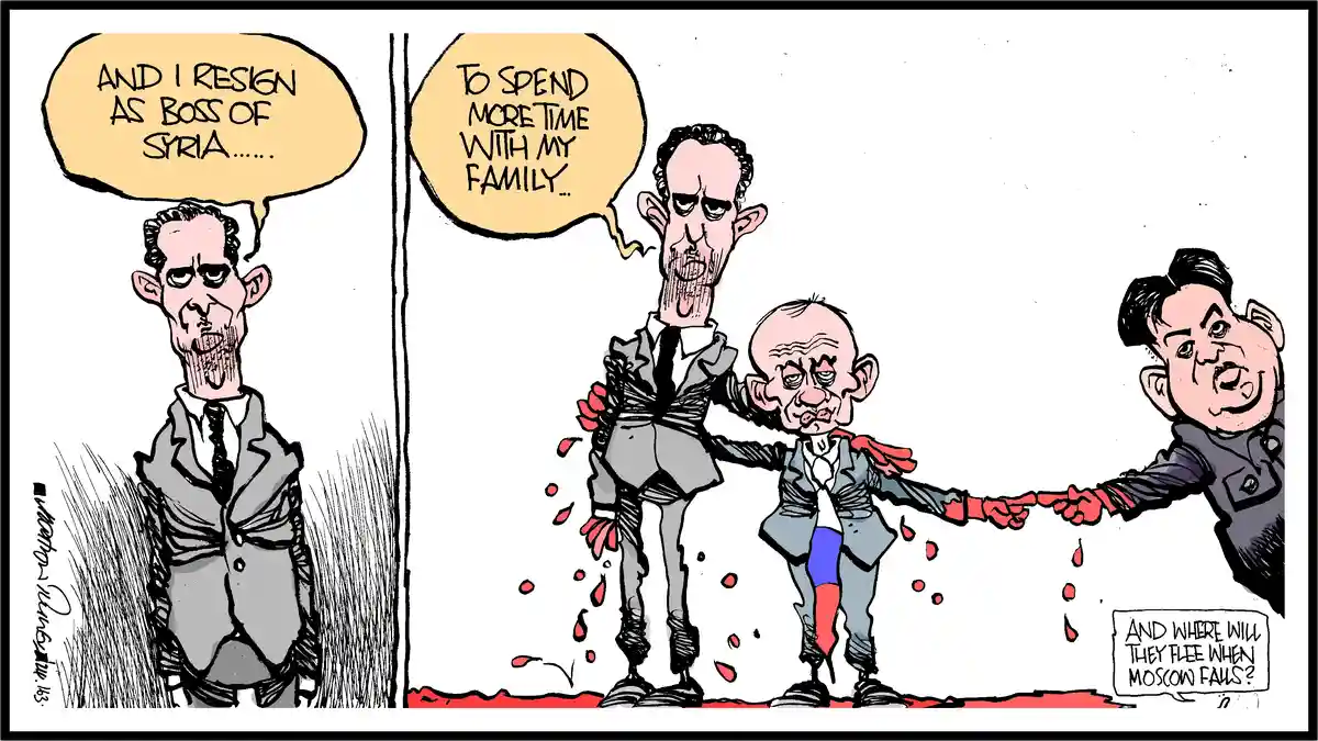 A two-panel political cartoon shows a man in a suit declaring he resigns as boss of Syria to spend more time with his…