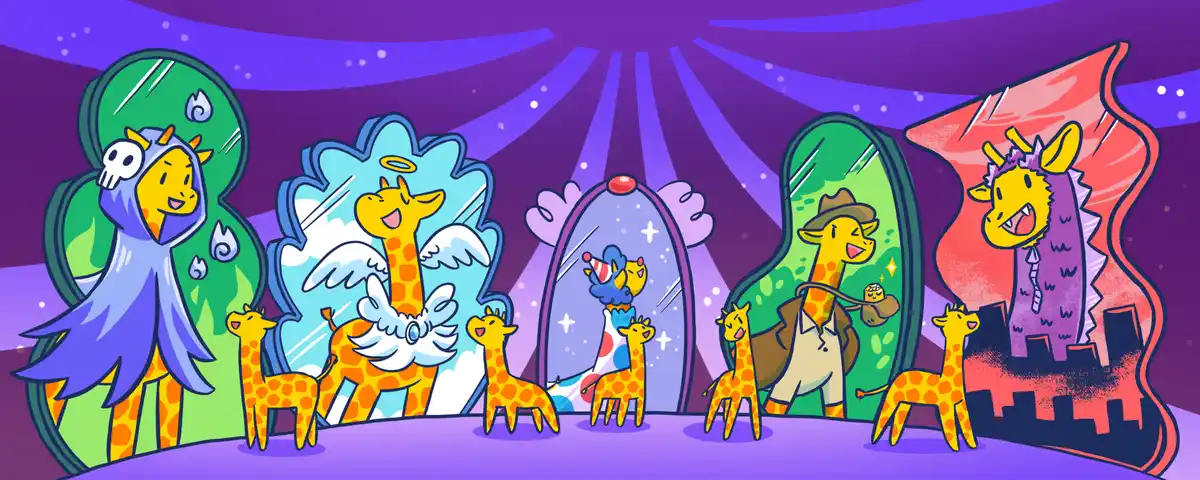 A colorful cartoon illustration shows five giraffes in different costumes standing in front of mirrors on a stage with…