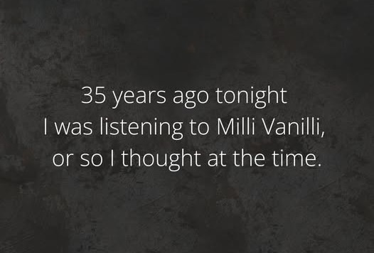 The image displays white text centered on a dark, textured, stone-like background. The text reads: '35 years ago tonight I…