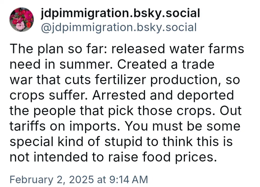 A screenshot of a social media post from 'jdpmigration.bsky.social' detailing a satirical 'plan' involving water farms…