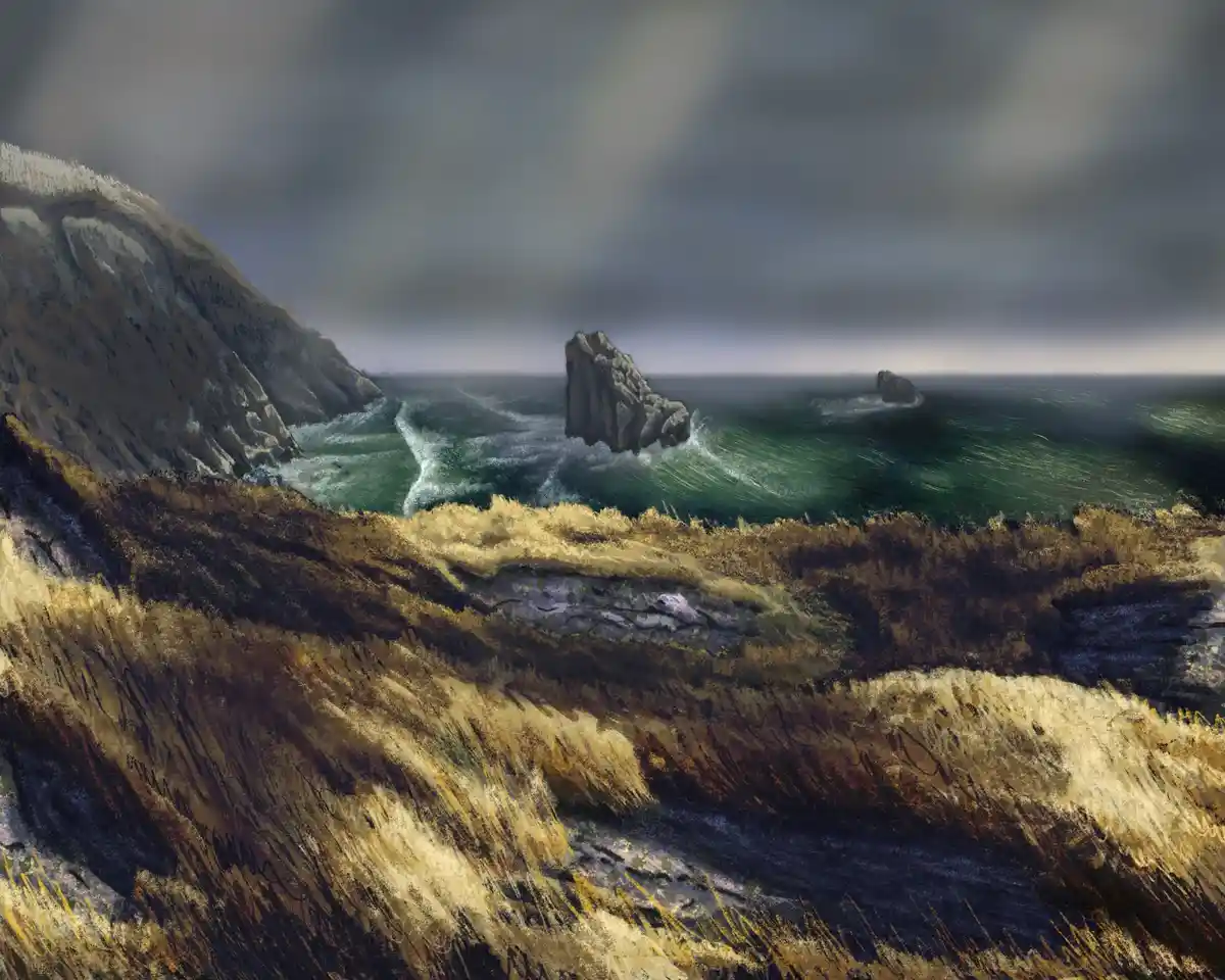 A moody digital painting depicts a rugged coastal scene with dark, stormy skies, crashing green waves, and prominent sea…