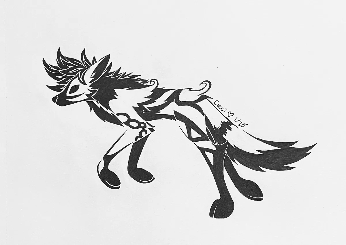 A black-and-white stylized drawing of a four-legged canine-like creature with spiky fur, a long tail, and a chain around its…