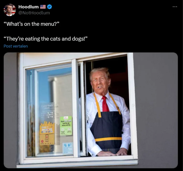 A man resembling Donald Trump, wearing a white shirt, red tie, and a dark blue apron with yellow trim, leans out of a window…