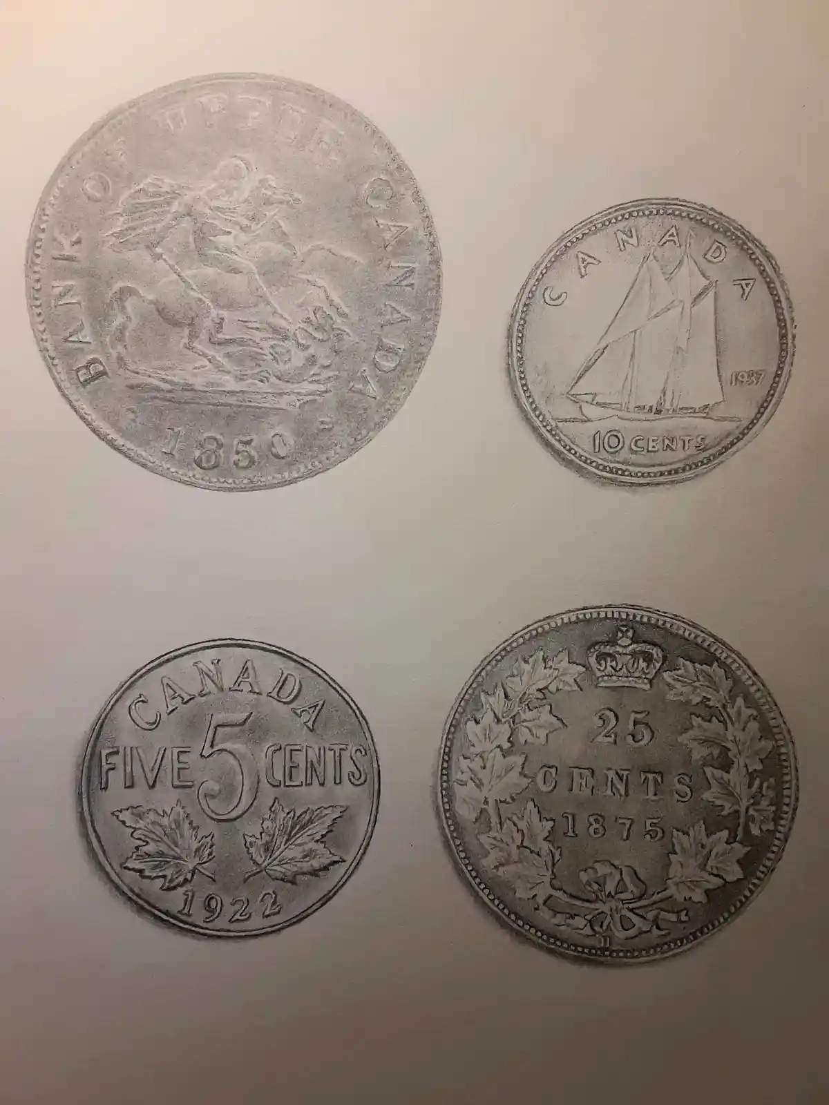 Four hand-drawn pencil sketches of historical Canadian coins are arranged in a grid on a plain surface. The top-left coin…