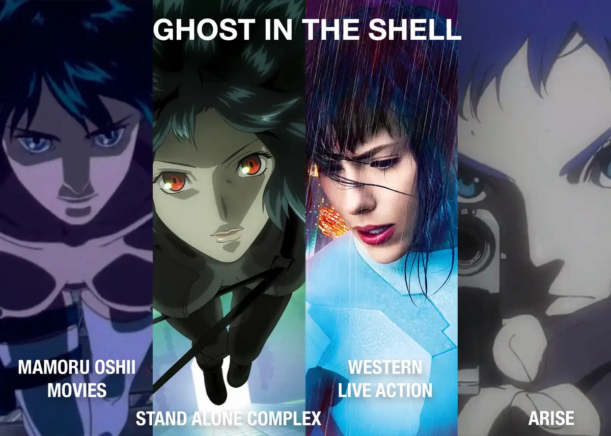 The image displays four vertical panels of the anime series 'Ghost in the Shell', each showing a different version or…