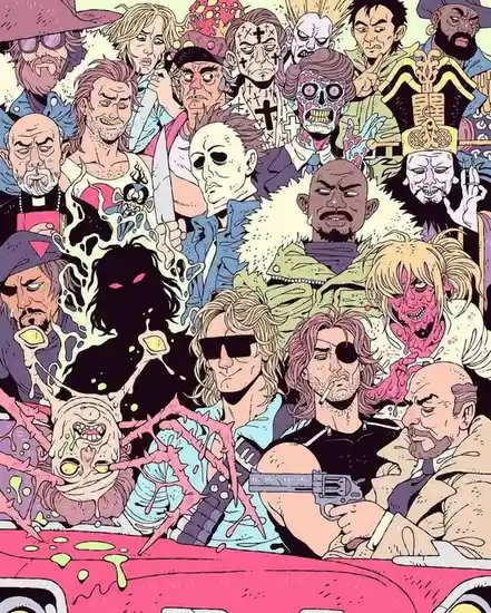 A dense, colorful illustration shows dozens of recognizable horror and action movie villains and characters, including…