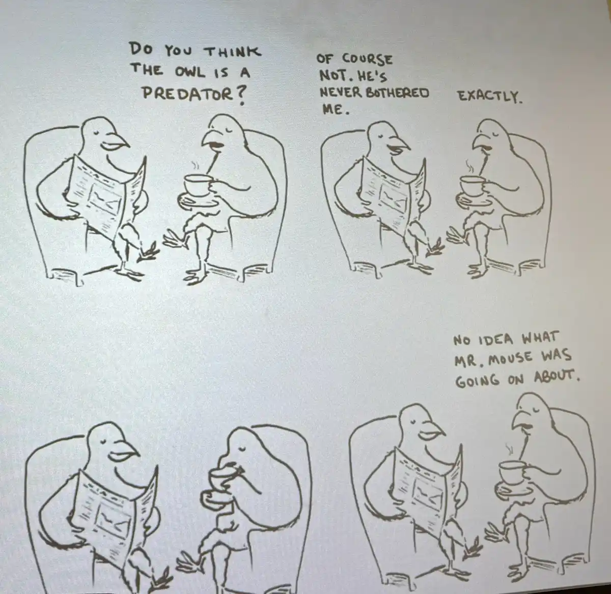 A black-and-white comic strip featuring two anthropomorphic birds sitting in chairs, one reading a newspaper and the other…