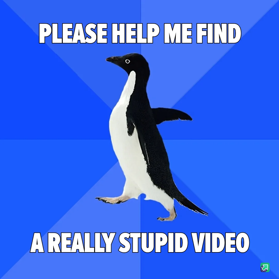 A black-and-white penguin stands against a blue background with diagonal stripes. White bold text at the top reads 'PLEASE…